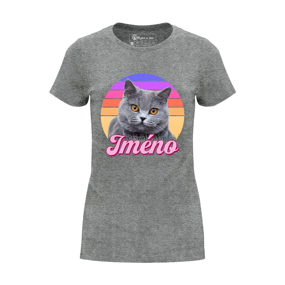 Dámské tričko Retrowave kočka — Šedý melír