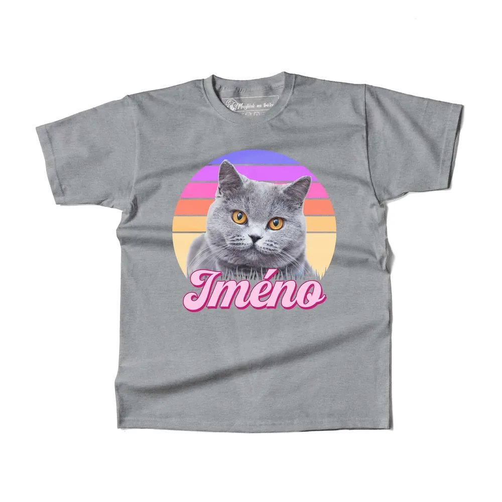 Dětské tričko Retrowave kočka — Šedý melír